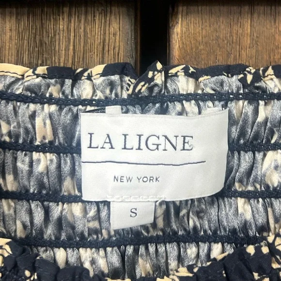 La Ligne Eloise Square Neck Balloon Sleeve Floral Print Silk Top Navy/Tan Size S